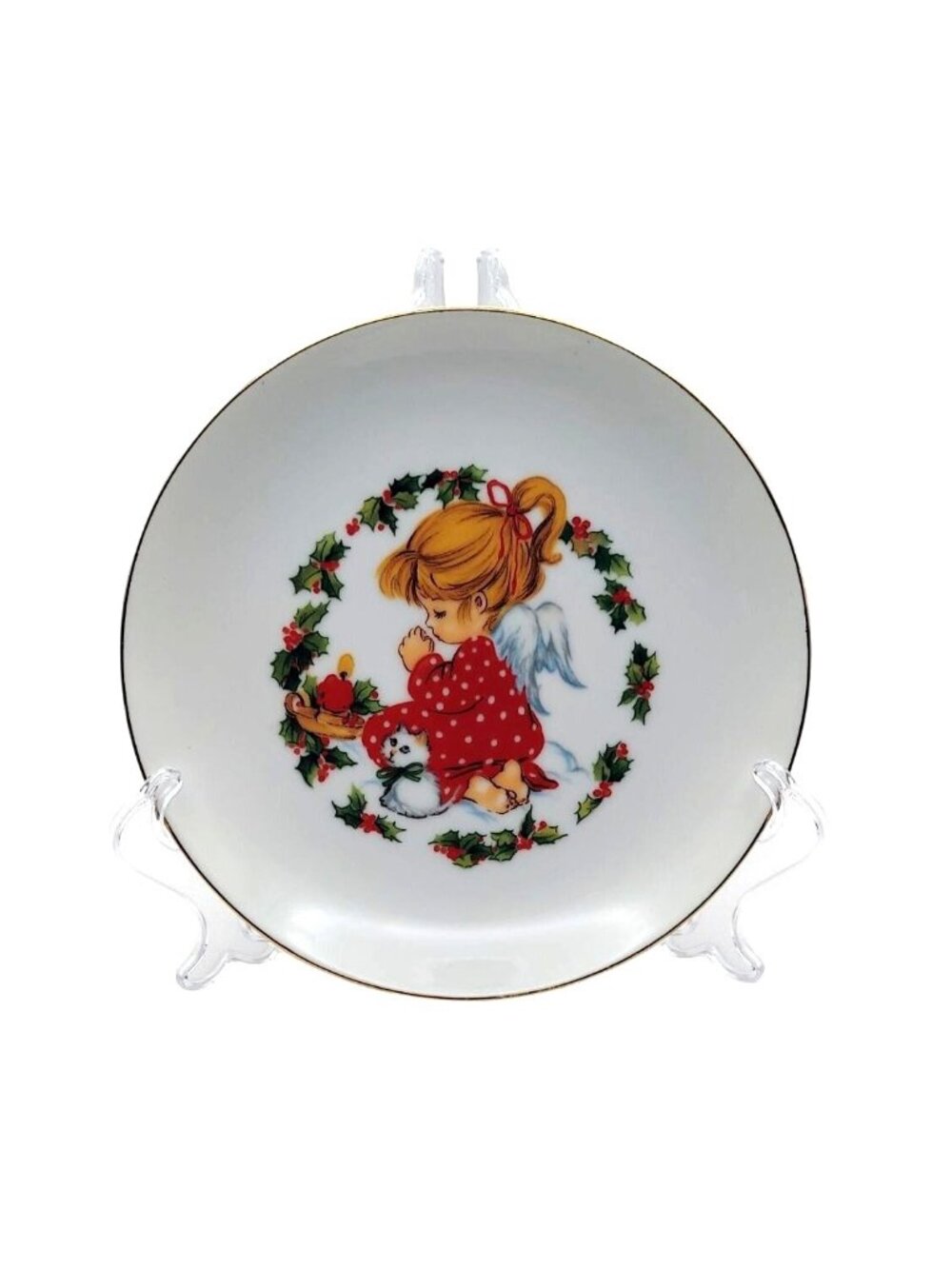 Jasco Collectible Porcelain Christmas Plate 22K Gold Edge Angel Cat Japan 1982